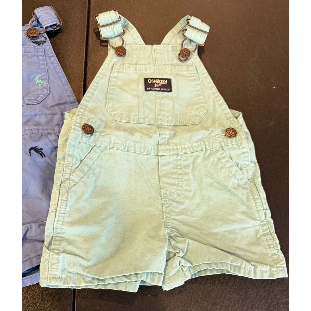 OshKosh Boys 6-9M Shortall Overalls Blue Mint Alligator Dinosaur  Bundle Of‎ 3
